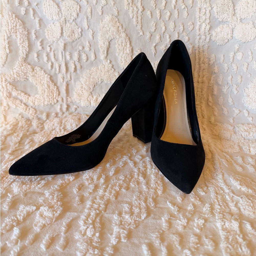 Marc Fisher Black Suede Pointed Block Heel Pumps #507